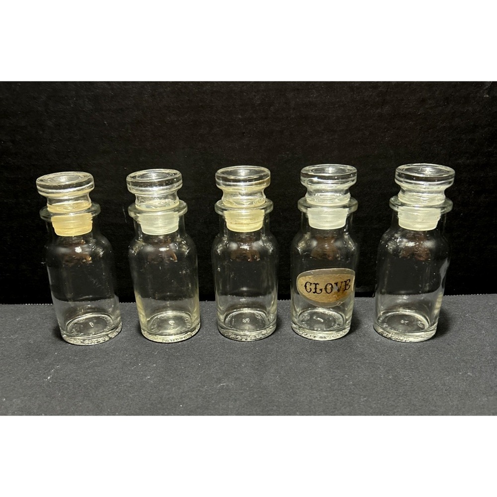 Vintage Clear Glass Apothecary Spice Jars w/Stoppers Set of 5 Japan Farmhouse